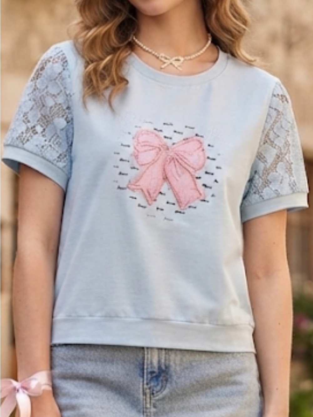 Made in Japan Mihata Light Blue Lace-Sleeve Top with Pink Bow Y2K